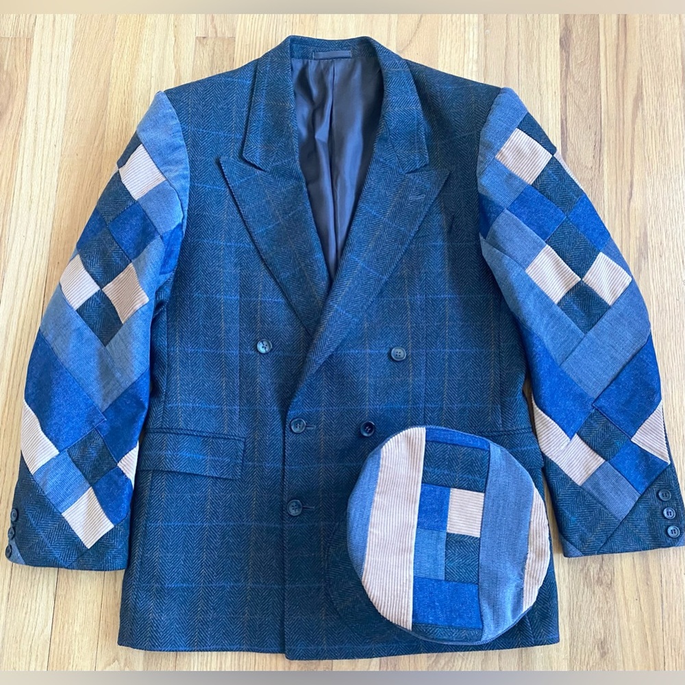 Vintage 80s Men's PATCHWORK Blazer Set *Size 48* HAUSSMANN Blue Quilted Jacket